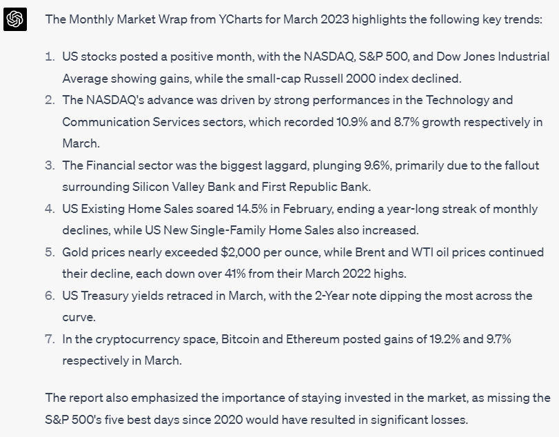 Screen shot of ChatGPT summarizing YCharts' Monthly Market Wrap