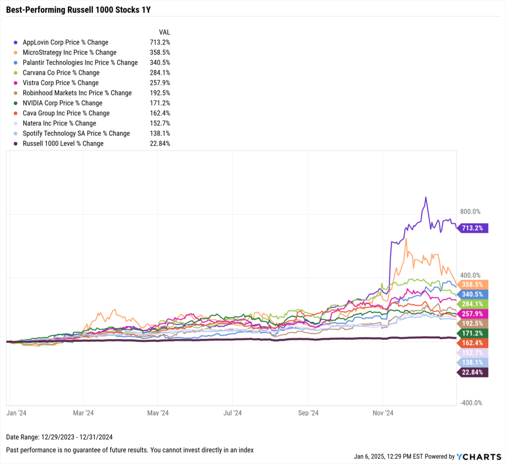 Chart showing the Best-Performing Stocks in the last year as of December 31, 2024