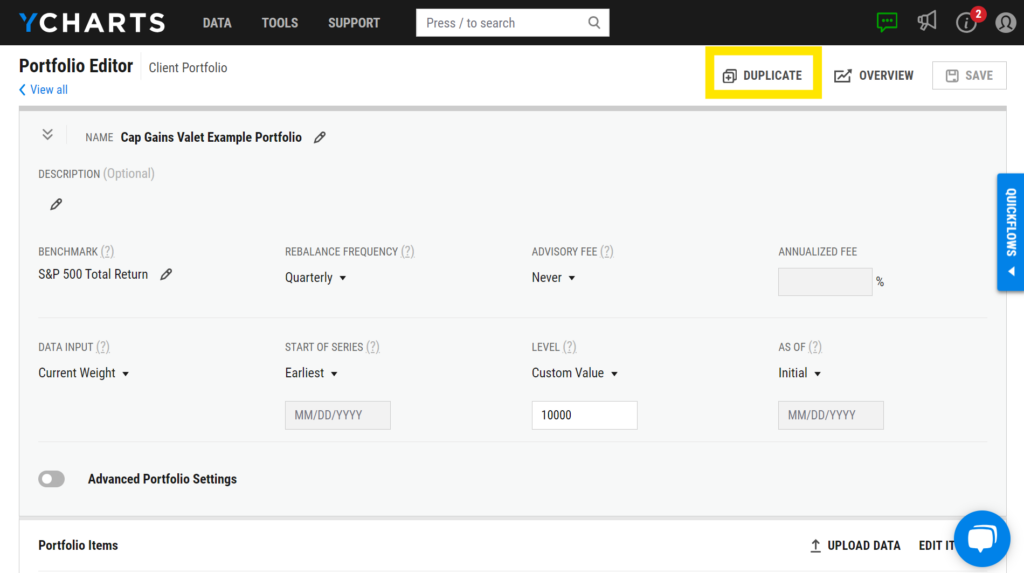 A YCharts portfolio editor screen showing options to duplicate and edit an Example Portfolio, including setting benchmarks, rebalance frequency, and advanced portfolio settings.