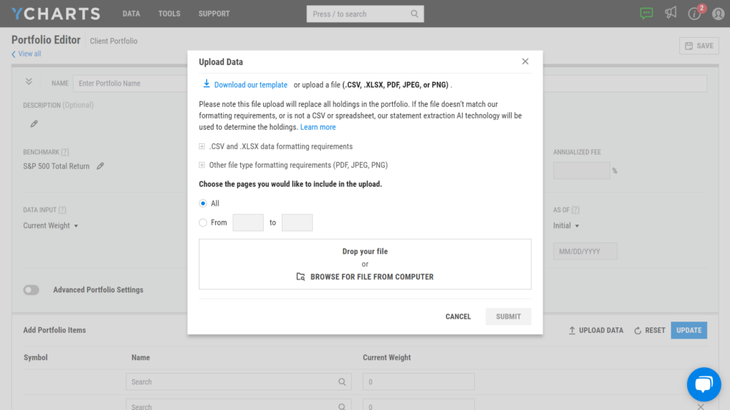 A screenshot from YCharts displaying the interface for uploading portfolio statements into the platform, with options to upload various file types and select specific pages from documents. File types include: PDFs, JPEG, CSVs, and PNGs 