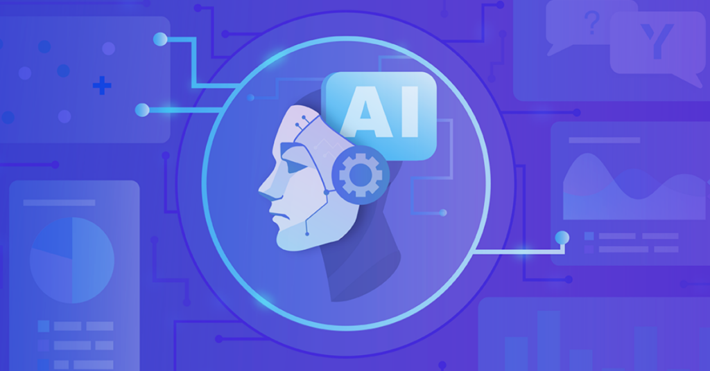 YCharts header image of a robot figure with AI text and schematic background.