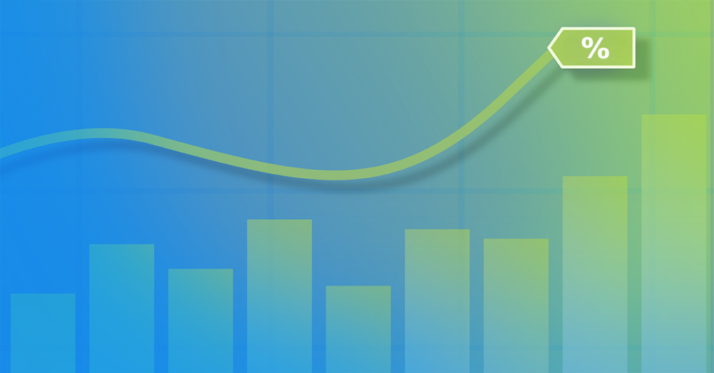 Blue to green gradient bar chart with a trend line and flag.