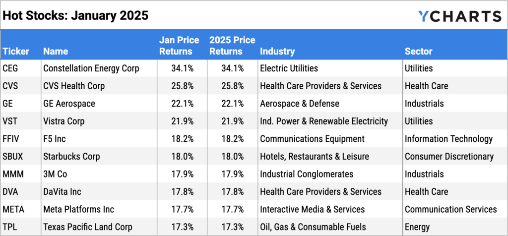 YCharts report - Ten best performing S&P 500 stocks of January 2025