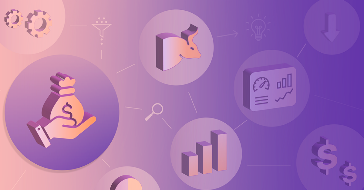 Pink and blue canvas with emojis of a bull, a hand holding a money bag, a bar chart, dollar signs, gears, down arrow.