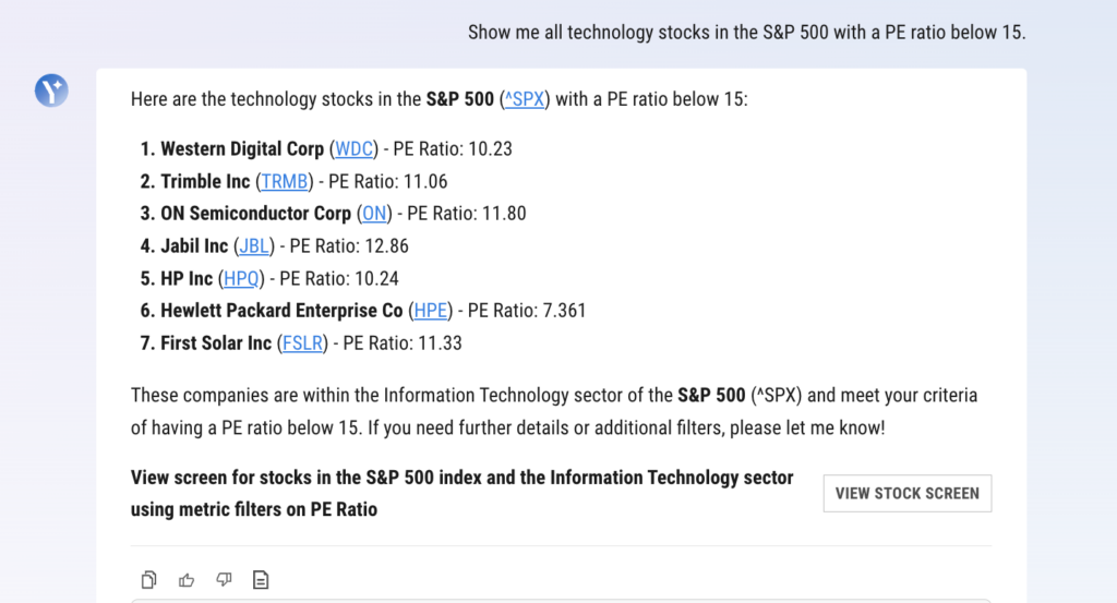 An AI Chat-generated list of technology stocks in the S&P 500 with a PE ratio below 15. The results include company names, tickers, and corresponding PE ratios. A link is provided to open the Stock Screener in YCharts for further filtering and comparison.