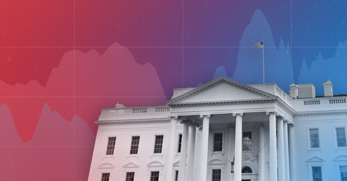 United States White House over a red to blue gradient chart with a trend line.