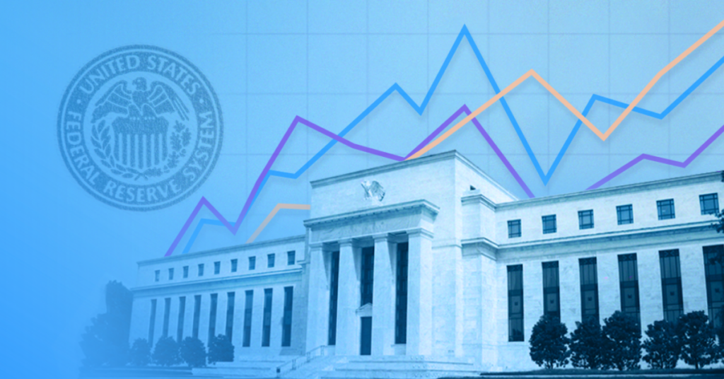 Federal Reserve building over a blue background and trend lines.
