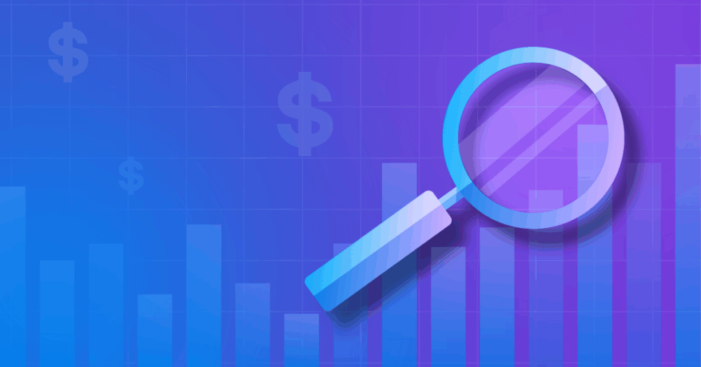 Bar chart with blue background magnifying glass and dollar signs.