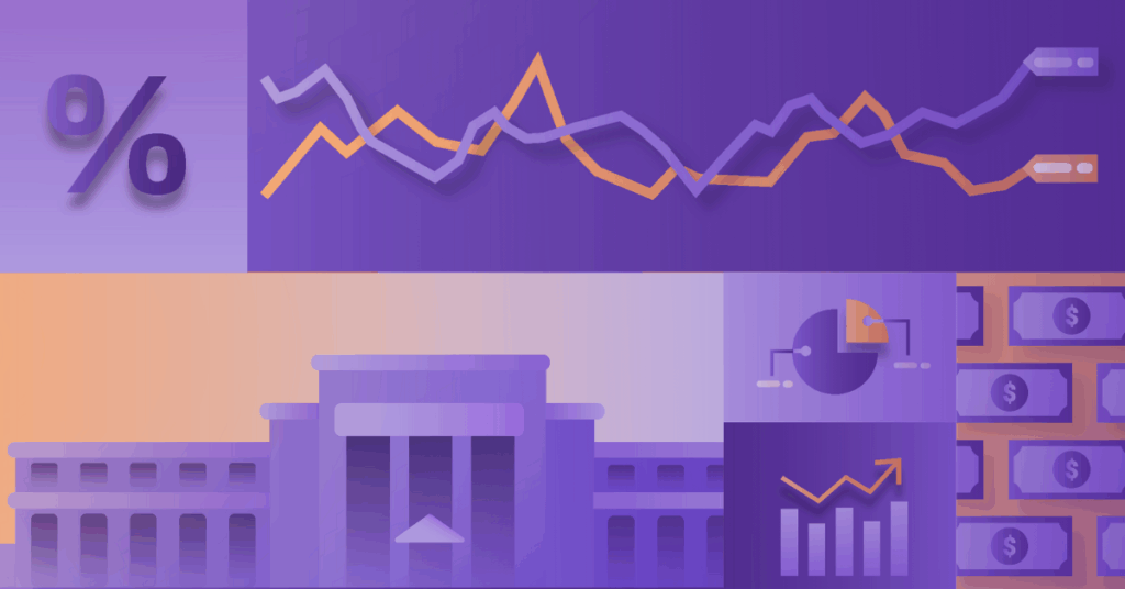 Illustration of economic trends showing interest rates, market volatility, Federal Reserve building, performance charts, and currency—symbolizing financial market movement amid inflation and monetary policy shifts