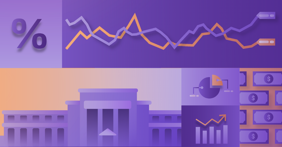 Illustration of economic trends showing interest rates, market volatility, Federal Reserve building, performance charts, and currency—symbolizing financial market movement amid inflation and monetary policy shifts
