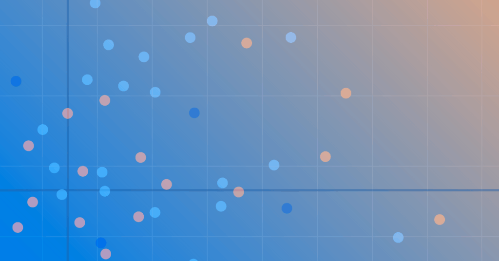 abstract scatter plot illustrating data points across blue-to-orange gradient background