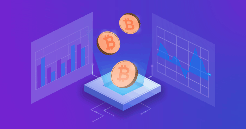 bitcoin price visualization with digital charts and cryptocurrency tokens rising in value