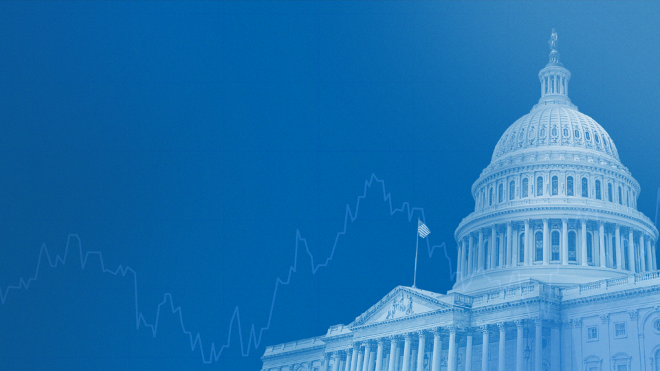 Blue-toned image of the U.S. Capitol building overlaid with a faint financial chart, used to represent legislative and market impact of the Big Beautiful Bill.