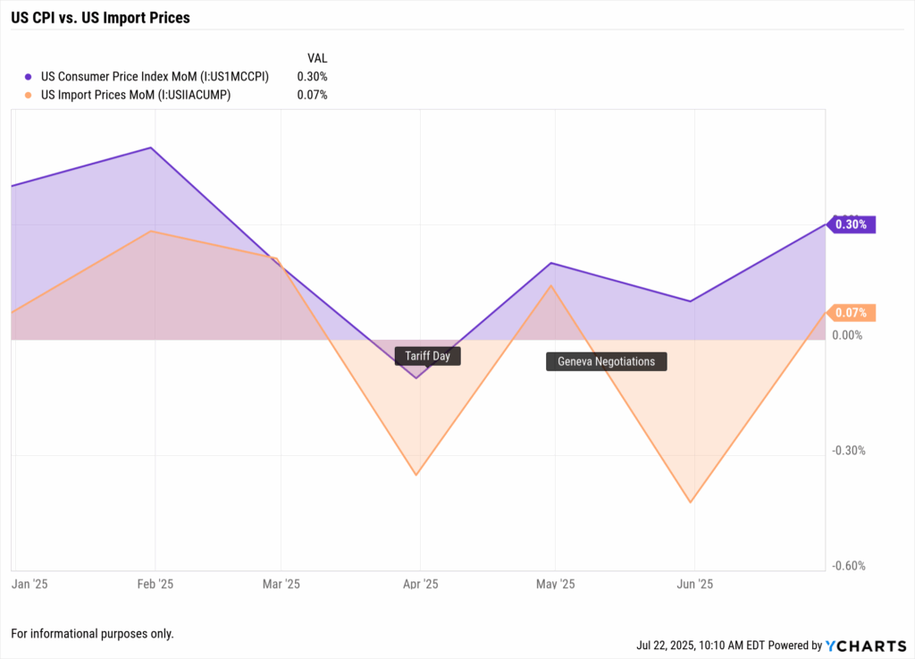 Chart comparing US Consumer Price Index (CPI) and US Import Prices from January to July 2025, showing post-Tariff Day inflation trends. CPI rises to 0.30% while import prices lag at 0.07%, underscoring how rising consumer costs help identify who benefits from tariffs in a shifting trade environment.