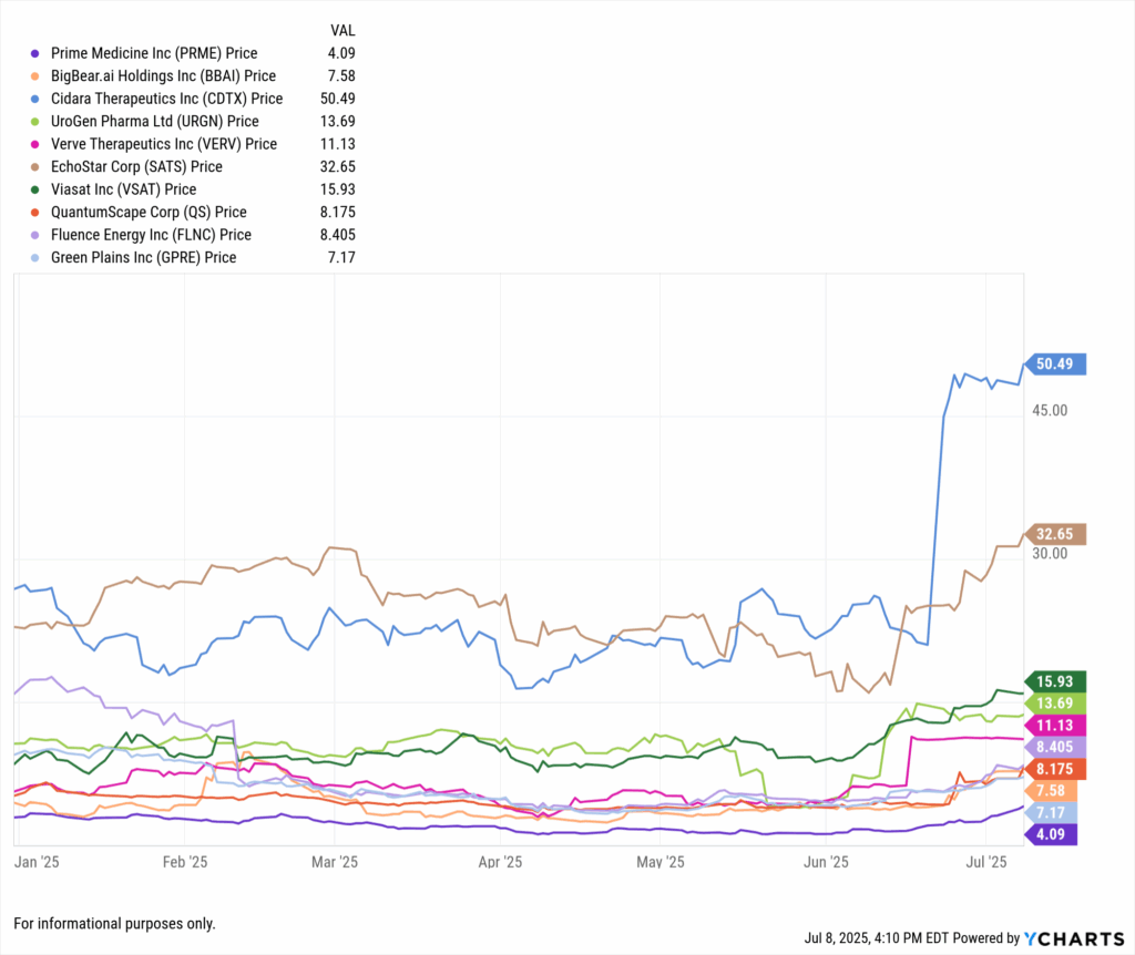Top performing Russell 3000 stocks for June 2025 by monthly return, led by Prime Medicine, BigBear.ai, and other healthcare and tech gainers.
