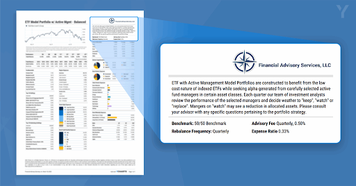 Example of a client-ready investment report, featuring a sample model portfolio overview with allocation charts, performance metrics, and portfolio commentary.