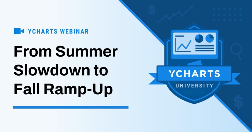 Promotional graphic for a YCharts University webinar titled 'Scale Smarter with YCharts: Mid-Year Power Plays.' The image features a blue badge with charts and the YCharts University logo on a dark blue background with financial icons.
