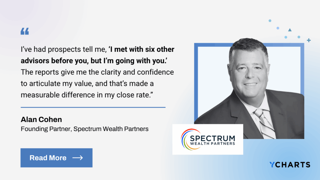 Alan Cohen, Founding Partner of Spectrum Wealth Partners, credits YCharts Proposals with improving close rates by helping advisors clearly articulate the investment plan and win more clients.