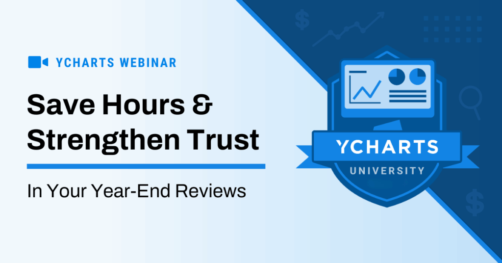 YCharts Webinar promotional graphic for 'Save Hours & Strengthen Trust Year-End Reviews.' The image features the YCharts University badge logo on the right and bold black text on a light blue background. A small video camera icon appears next to the 'YCharts Webinar' header.