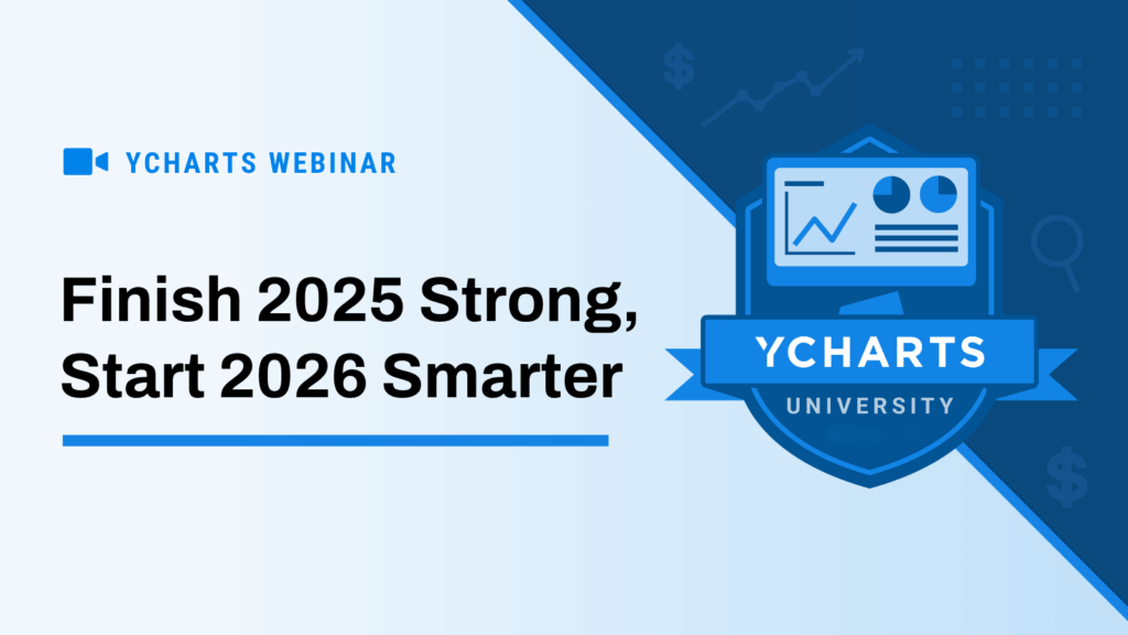 YCharts University webinar graphic with a blue badge and chart icon on the right. Text reads: ‘Finish 2025 Strong, Start 2026 Smarter.’