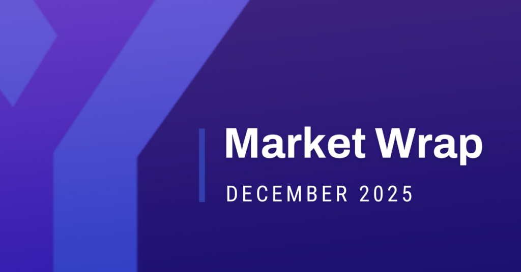 YCharts Market Wrap cover slide titled “Market Wrap December 2025” with abstract purple background and presentation icon.