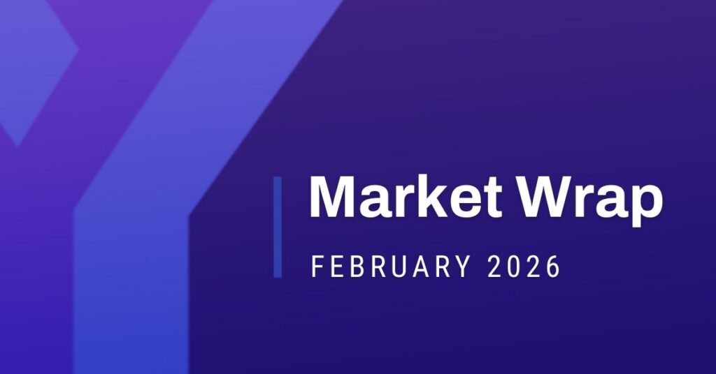 Market Wrap February 2026 title slide with YCharts branding on a purple background.