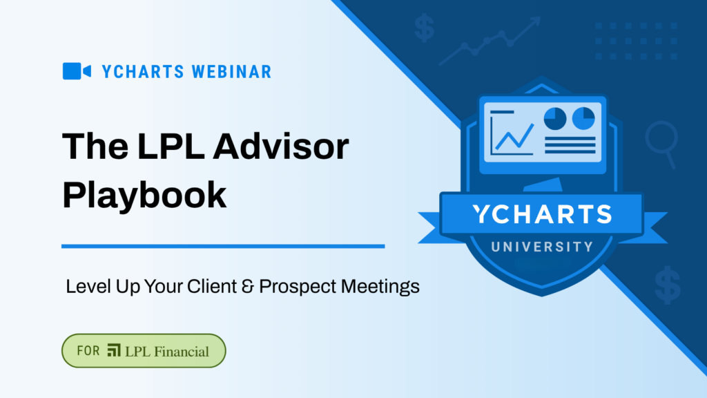 A YCharts University webinar promotional graphic featuring the YCharts University shield logo on a dark blue diagonal background with financial chart imagery, and an LPL Financial co-branding pill badge in the lower left.