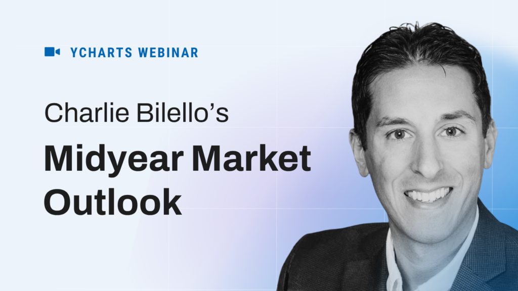 Promotional webinar graphic with the YCharts Webinar logo and the title “Charlie Bilello’s Midyear Market Outlook” on the left, alongside a black-and-white headshot of Charlie Bilello on a light blue gradient background.