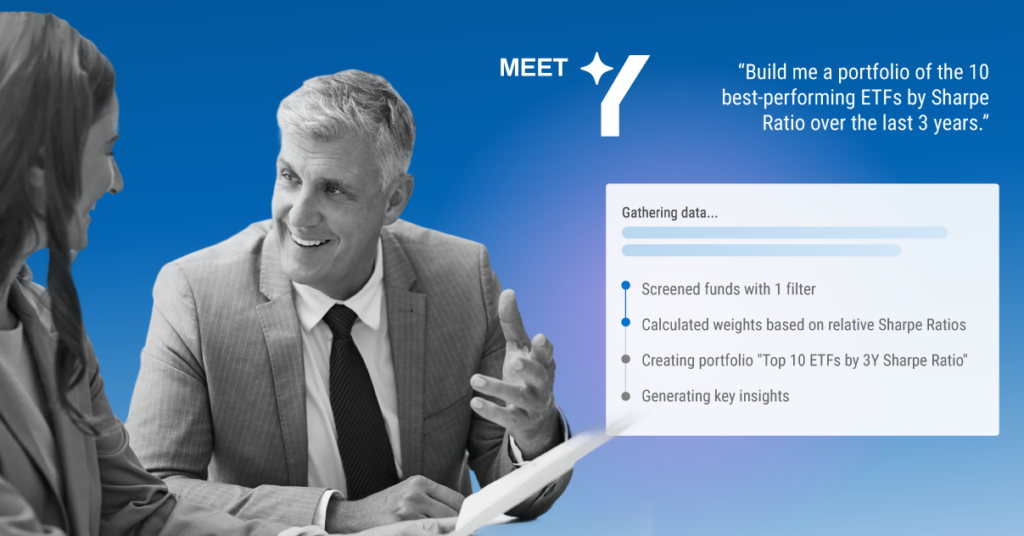 Promotional graphic introducing Y, YCharts' AI assistant, overlaid on a photo of two financial professionals. A sample prompt reads: "Build me a portfolio of the 10 best-performing ETFs by Sharpe Ratio over the last 3 years," with Y's workflow steps shown: screening funds, calculating weights, creating the portfolio, and generating insights.