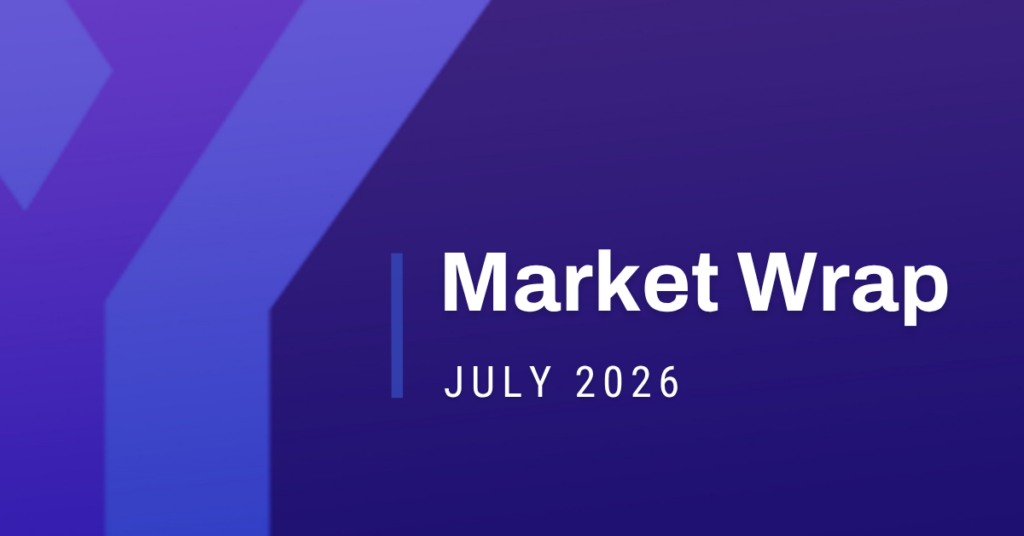 Branded cover graphic for the July 2026 Market Wrap, featuring bold white text on a deep purple gradient background with an abstract geometric "Y" logo design element.
